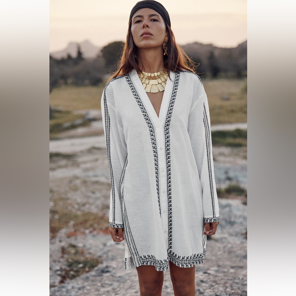 Zara EMBROIDERED TUNIC DRESS. Oyster White. Sizes L, XL. New with Tags. - Picture 1 of 9